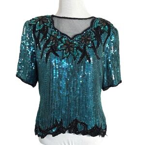 Vintage 80s 90s Scala Silk Beaded Sequined Mermaid Blouse Size Small Teal